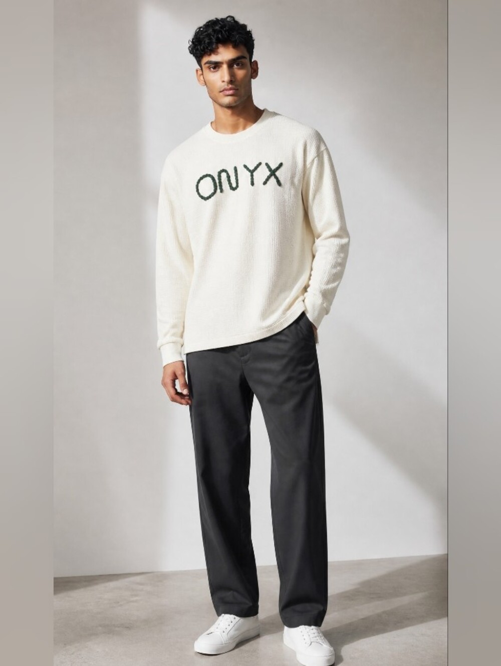 ONYX Cream Waffle-Knit Outdoors Hiking Casual Travel Beach Long Sleeve Sweater